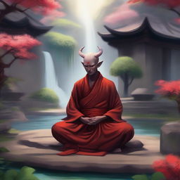 A Tiefling Monk of the Compassionate Hand meditating in a serene temple courtyard