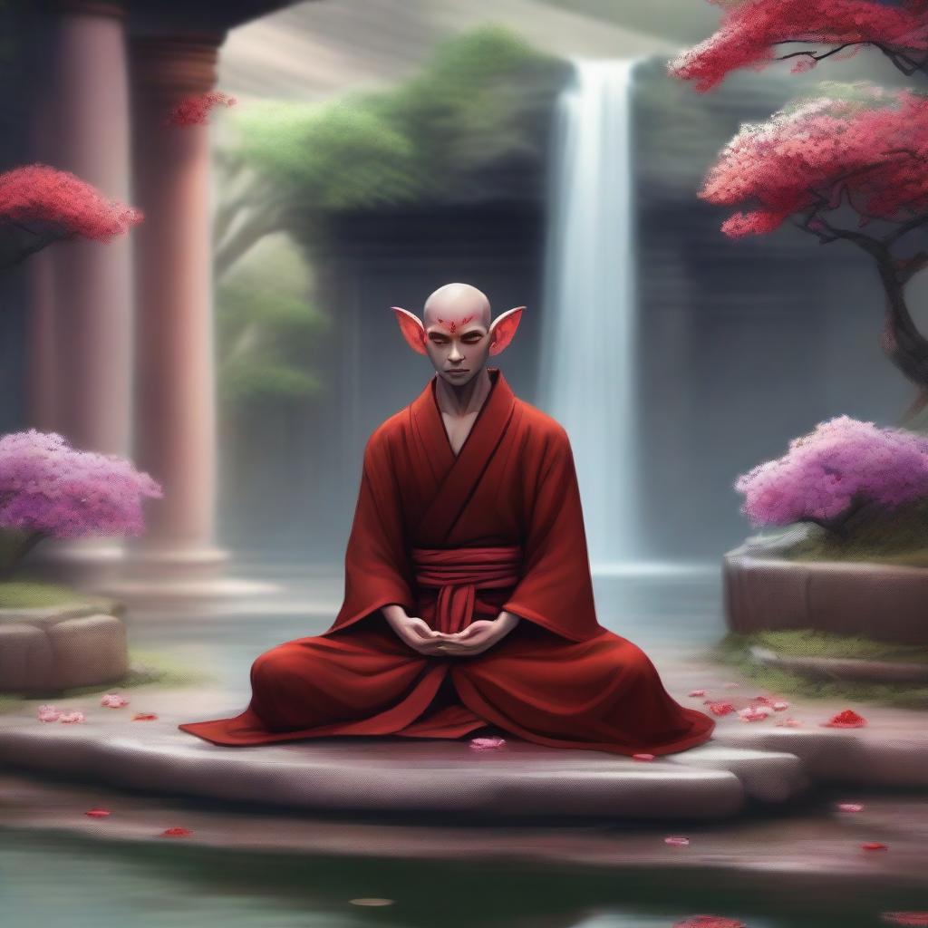 A Tiefling Monk of the Compassionate Hand meditating in a serene temple courtyard