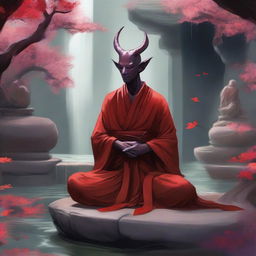 A Tiefling Monk of the Compassionate Hand meditating in a serene temple courtyard