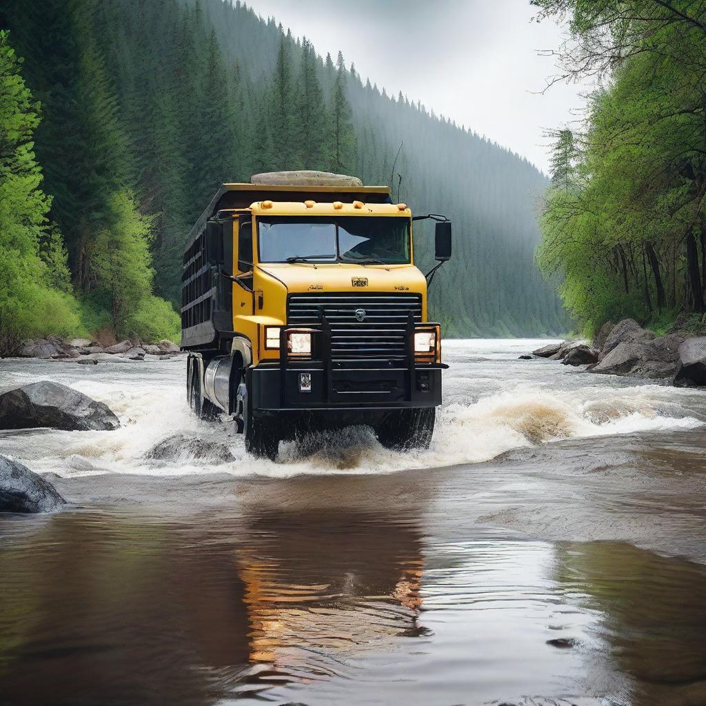 A heavy truck is crossing a river