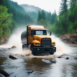 A heavy truck is crossing a river