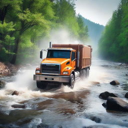 A heavy truck is crossing a river