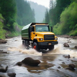 A heavy truck is crossing a river