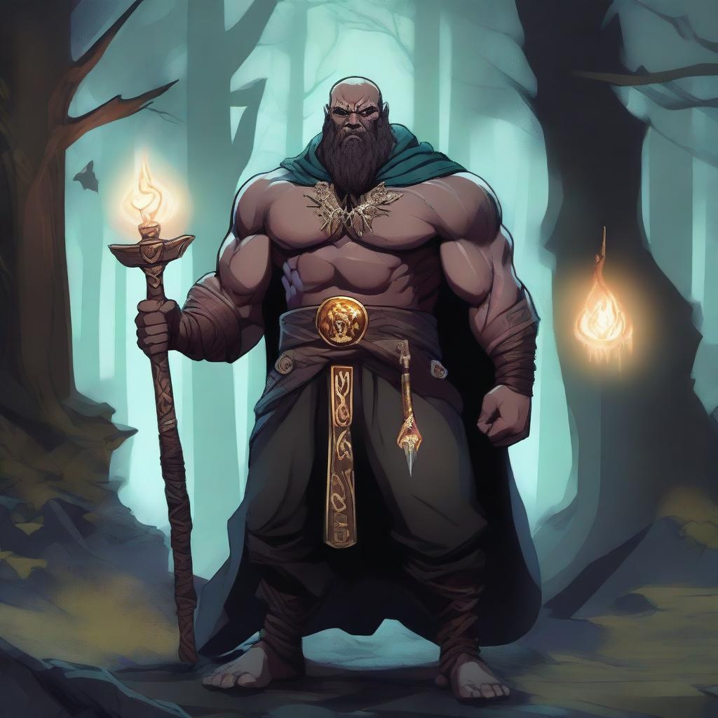 A detailed illustration of a Dungeons & Dragons human warlock who is also a bodybuilder