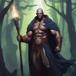 A detailed illustration of a Dungeons & Dragons human warlock who is also a bodybuilder