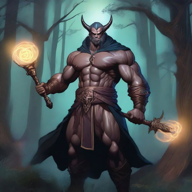 A detailed illustration of a Dungeons & Dragons human warlock who is also a bodybuilder