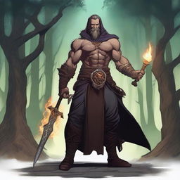 A detailed illustration of a Dungeons & Dragons human warlock who is also a bodybuilder