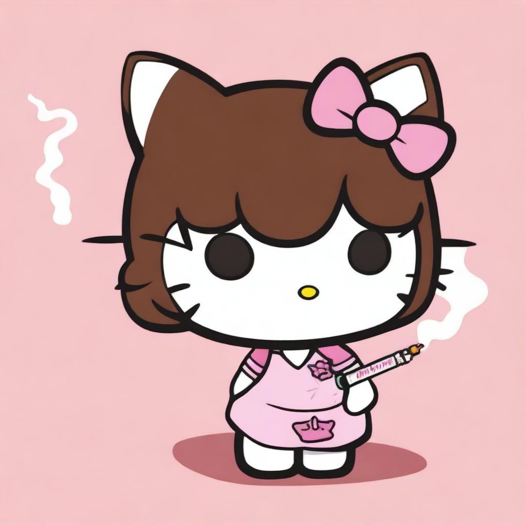 A depiction of Hello Kitty with short, straight brown hair, smoking a cigarette