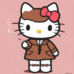 A depiction of Hello Kitty with short, straight brown hair, smoking a cigarette