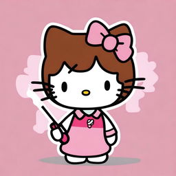 A depiction of Hello Kitty with short, straight brown hair, smoking a cigarette