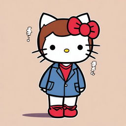 A depiction of Hello Kitty with short, straight brown hair, smoking a cigarette