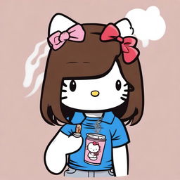 A depiction of Hello Kitty with long, straight brown hair, smoking a cigarette