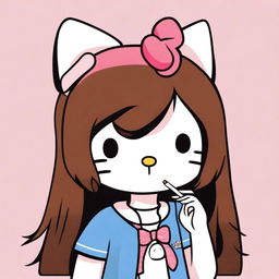 A depiction of Hello Kitty with long, straight brown hair, smoking a cigarette