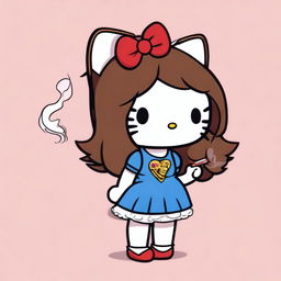 A depiction of Hello Kitty with long, straight brown hair, smoking a cigarette