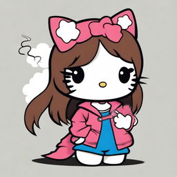 A depiction of Hello Kitty with long, straight brown hair, smoking a cigarette