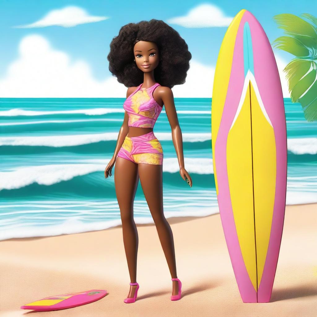 A depiction of an African American Barbie with an afro, wearing a stylish bathing suit, standing confidently on a sunny beach with the ocean in the background and a surf plank beside her