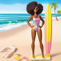 A depiction of an African American Barbie with an afro, wearing a stylish bathing suit, standing confidently on a sunny beach with the ocean in the background and a surf plank beside her