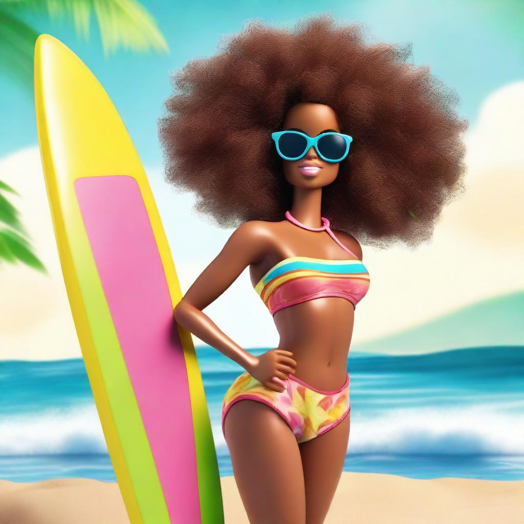 A depiction of an African American Barbie with an afro, wearing a stylish bathing suit, standing confidently on a sunny beach with the ocean in the background and a surf plank beside her