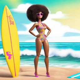 A depiction of an African American Barbie with an afro, wearing a stylish bathing suit, standing confidently on a sunny beach with the ocean in the background and a surf plank beside her