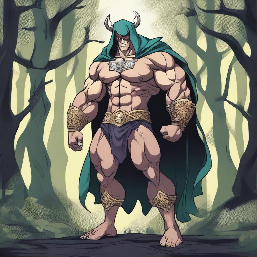 A detailed illustration of a human warlock bodybuilder flexing his muscles