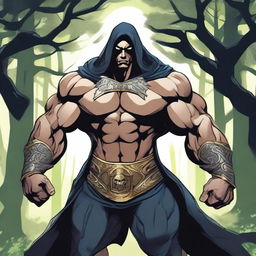 A detailed illustration of a human warlock bodybuilder flexing his muscles