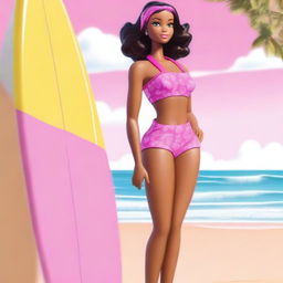 A depiction of a cartoon African American Barbie wearing a stylish pink bathing suit, standing confidently on a sunny beach with the ocean in the background and a surf plank beside her