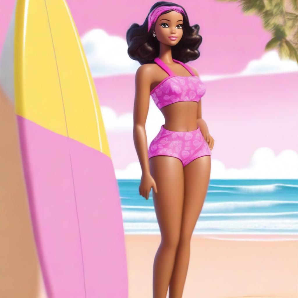A depiction of a cartoon African American Barbie wearing a stylish pink bathing suit, standing confidently on a sunny beach with the ocean in the background and a surf plank beside her
