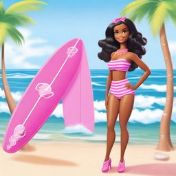 A depiction of a cartoon African American Barbie wearing a stylish pink bathing suit, standing confidently on a sunny beach with the ocean in the background and a surf plank beside her