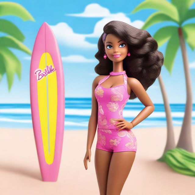 A depiction of a cartoon African American Barbie wearing a stylish pink bathing suit, standing confidently on a sunny beach with the ocean in the background and a surf plank beside her