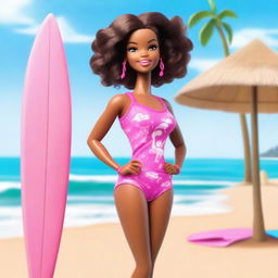 A depiction of a cartoon African American Barbie wearing a stylish pink bathing suit, standing confidently on a sunny beach with the ocean in the background and a surf plank beside her