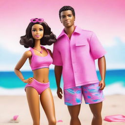 A depiction of an African American Barbie wearing a stylish pink bathing suit, standing confidently on a sunny beach with the ocean in the background