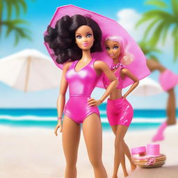 A depiction of an African American Barbie wearing a stylish pink bathing suit, standing confidently on a sunny beach with the ocean in the background