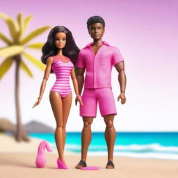 A depiction of an African American Barbie wearing a stylish pink bathing suit, standing confidently on a sunny beach with the ocean in the background