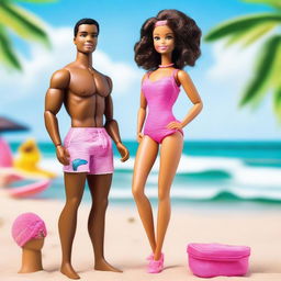 A depiction of an African American Barbie wearing a stylish pink bathing suit, standing confidently on a sunny beach with the ocean in the background