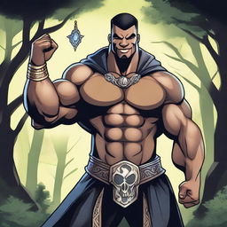 A detailed illustration of a human warlock bodybuilder flexing his biceps with a confident smile