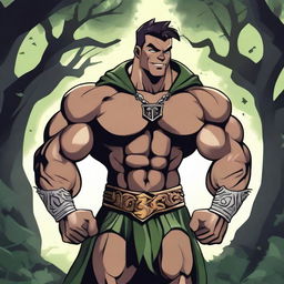 A detailed illustration of a human warlock bodybuilder flexing his biceps with a confident smile