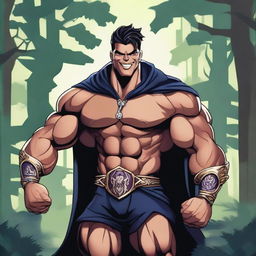 A detailed illustration of a human warlock bodybuilder flexing his biceps with a confident smile