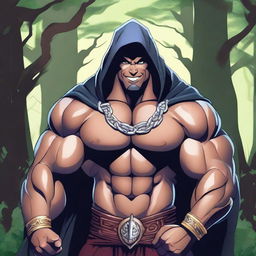 A detailed illustration of a human warlock bodybuilder flexing his biceps with a confident smile