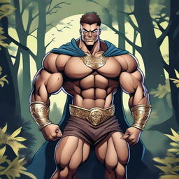 A detailed illustration of a human warlock bodybuilder flexing his biceps with a confident smile