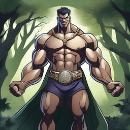 A detailed illustration of a human warlock bodybuilder flexing his biceps with a confident smile