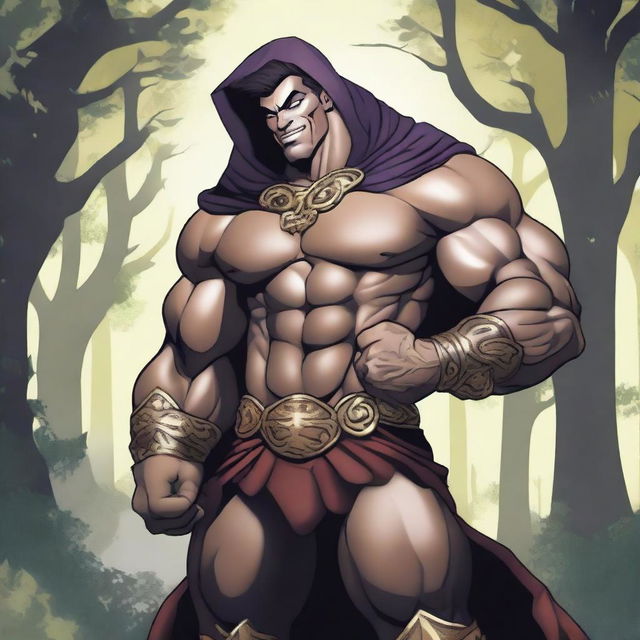 A detailed illustration of a human warlock bodybuilder flexing his biceps with a confident smile