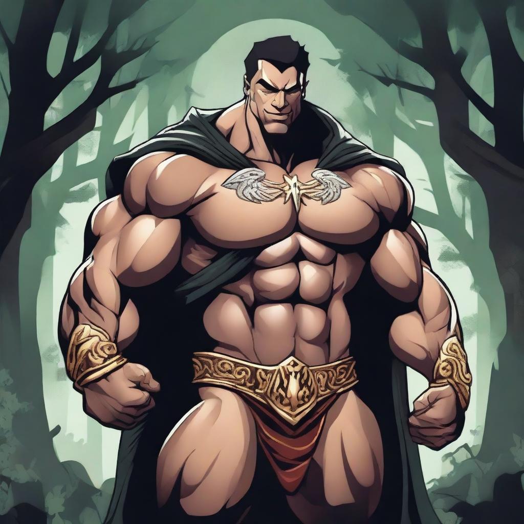 A detailed illustration of a human warlock bodybuilder flexing his biceps with a confident smile