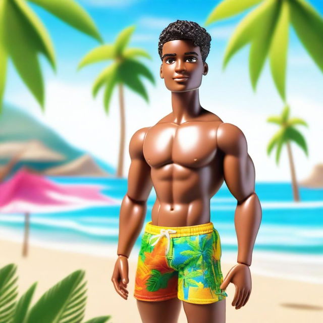 A depiction of an African American Ken from Barbie wearing palm tree bathing shorts, standing confidently on a sunny beach with the ocean in the background