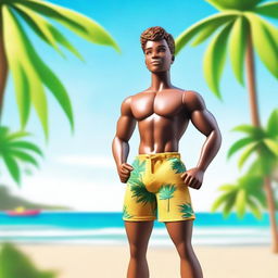 A depiction of an African American Ken from Barbie wearing palm tree bathing shorts, standing confidently on a sunny beach with the ocean in the background