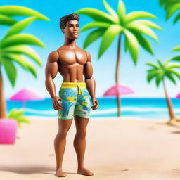 A depiction of an African American Ken from Barbie wearing palm tree bathing shorts, standing confidently on a sunny beach with the ocean in the background