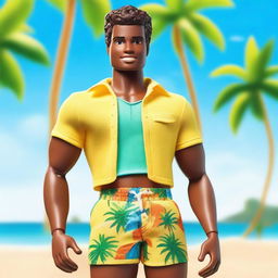 A depiction of an African American Ken from Barbie wearing palm tree bathing shorts, standing confidently on a sunny beach with the ocean in the background