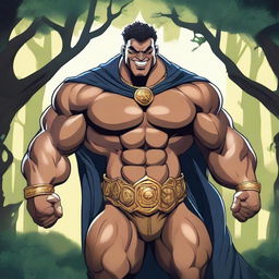 A detailed illustration of a human warlock bodybuilder flexing his biceps with a confident smile