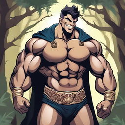 A detailed illustration of a human warlock bodybuilder flexing his biceps with a confident smile