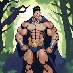 A detailed illustration of a human warlock bodybuilder flexing his biceps with a confident smile