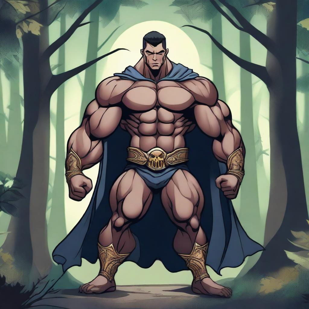 A detailed illustration of a human warlock bodybuilder flexing his biceps with a confident smile